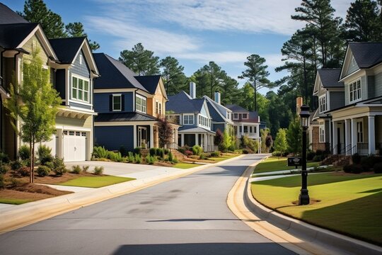 Peaceful subdivision neighborhood with double cul-de-sac, new development houses, swimming pool, well trimmed yards in Atlanta suburbs, Georgia, USA. Generative AI