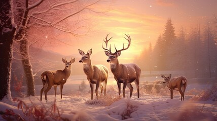 a family of majestic red deer gracefully moving through a snow-covered forest at the magical moment of sunset. The scene should evoke a peaceful Christmas ambiance with a predominant blue