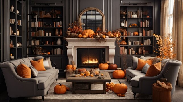a minimalist house adorned with cozy pumpkins in various shapes and sizes. The image should evoke a warm and inviting atmosphere, embodying both Thanksgiving and Halloween spirit.