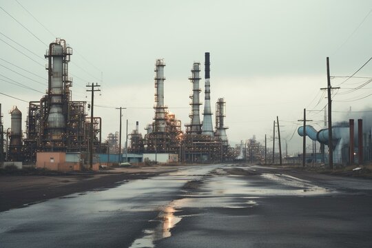 A photograph of a massive industrial facility for processing oil and natural gas. Generative AI