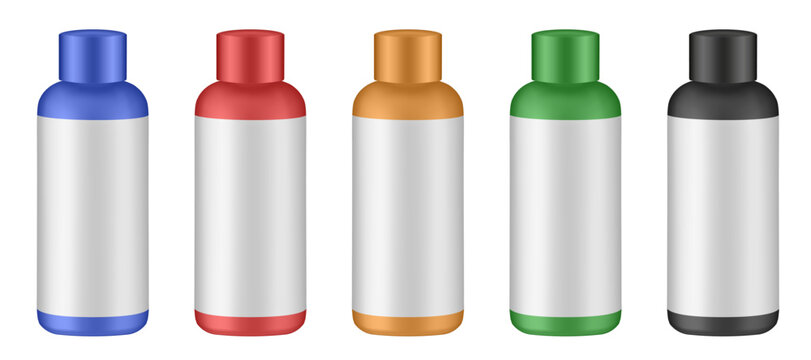 Set of cosmetic bottles with label and cap. Blue, red, orange, green and black bottles. Hair dye, oxydant cream, shampoo, shower gel or body lotion