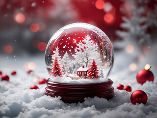 snow globe with christmas scene on frozen ground and red baubles - Powered by Adobe
