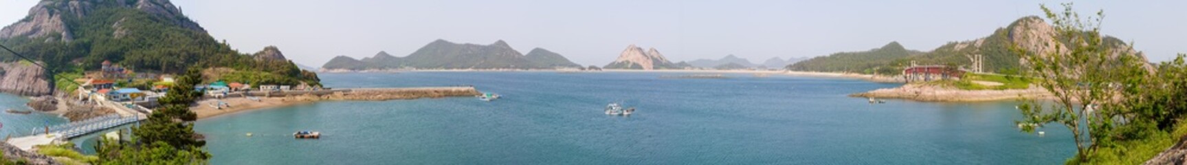 Very wide high definition panorama of Seonyudo Island, with fishing boats in Jeongjado bay, South Korea