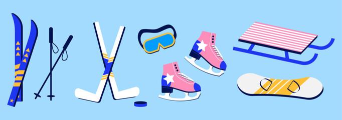 Set of accessories for winter sports in flat style, minimalism. Vector illustration of skates, sleigh, snowboard, skis, hockey and other elements.