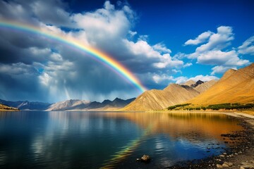 Beautiful landscape with a rainbow, lake, mountains, cloud, and blue sky. Generative AI