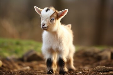Adorable baby pygmy goat standing, looking to the side. Generative AI