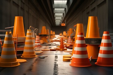 Road maintenance causing lane closure with detour signs, traffic, temporary work, orange arrow, barrels, and cones. Generative AI - obrazy, fototapety, plakaty