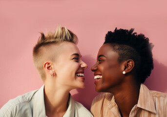 Fototapeta premium Ethical Non Monogamy. Portrait of two young girls laughing against pink background. Banner.