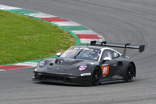 Scarperia, 23 March 2023: Porsche 911 GT3 R 991 II of Team Herberth Motorsport driven by Bohn-Allemann-Renauer in action during 12h Hankook Race at Mugello Circuit in Italy..
