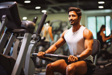 Portrait of young indian sporty man in gym. Happy athletic fit muscular man in fitness center.