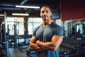 Fototapeta premium Portrait of young multiethnic sporty in gym. Happy athletic fit muscular man in fitness center.