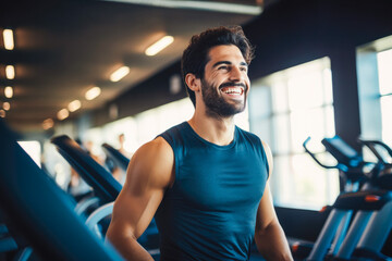 Portrait of young sporty man working out in gym. Happy athletic fit muscular man in fitness center.