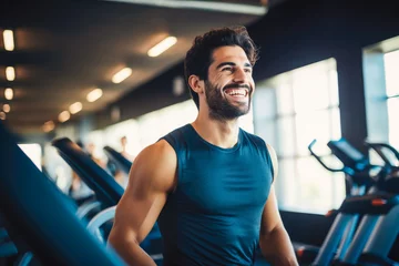 Papier Peint photo Fitness Portrait of young sporty man working out in gym. Happy athletic fit muscular man in fitness center.