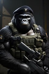 Fototapeta premium a muscle gorilla wearing complete black military uniform wearing beret of special forces