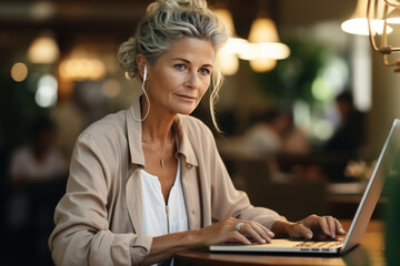 Mature attractive woman with earphone working on laptop in cafe or coworking space. Close up