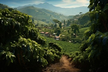 Coffee plantation sunset. Seed hill. Generate Ai
