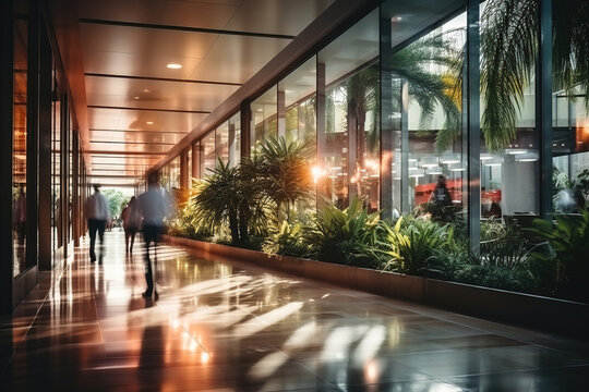 modern hallway with blurry moving people