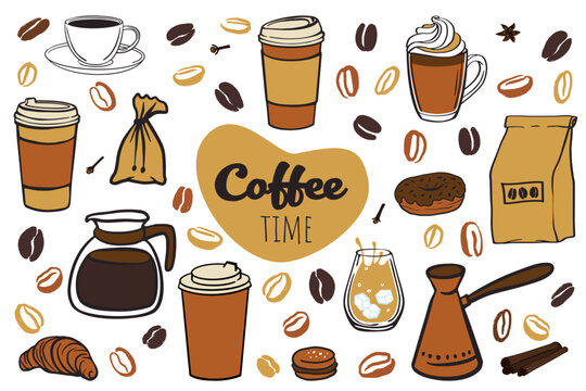 Coffee set with beans, sweets and cup coffee away. Vector hand drawn illustration in brown color on white background  for package, wallpaper, wrapping paper, menu or textile design.