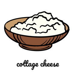 Cottage cheese. Natural farm milk dairy product in the plate. Hand drawn color vector illustration on white background for package, menu design.