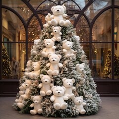 Huge Christmas tree decorated with white teddy bears in the city center