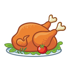 Thanksgiving turkey or roast chicken illustration in cartoon style. Vector illustration with roasted poultry on plate decorated with tomatoes. - 649897499