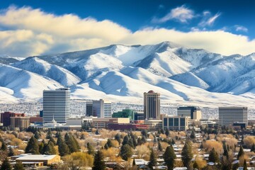 Cityscape of Reno, Nevada with downtown skyline, hotels, casinos, residential area, and snow-capped mountains as a backdrop. Generative AI