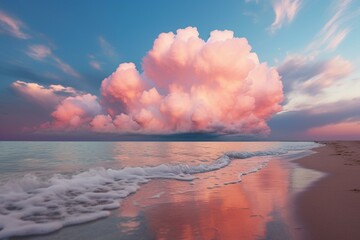 Beautiful pink cloud over the sea. Generative AI
