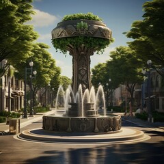 Fountain in the center of the street decorated in African style lots of green trees