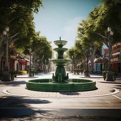 Fountain in the center of the street decorated in African style lots of green trees