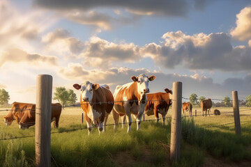 A calm and peaceful scene of cows grazing on a natural green pasture, surrounded by fresh air and picturesque scenery. A symbol of sustainable and healthy livestock farming. Generative AI.