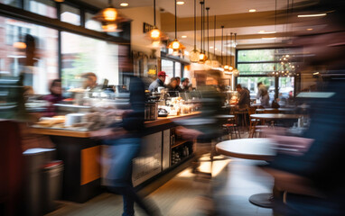 A bustling coffee shop scene with blurred customers in motion, showcasing the energy and vibe. Generative AI