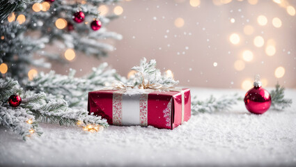 Fototapeta na wymiar Fir branch on an old wooden background, gift box, Christmas toys, snow