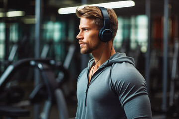 Portrait of man with headphones in gym. Healthy active lifestyle and sports concept. Generative AI