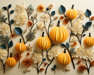 Paper flowers and autumn pumpkins on a beige background, top view
