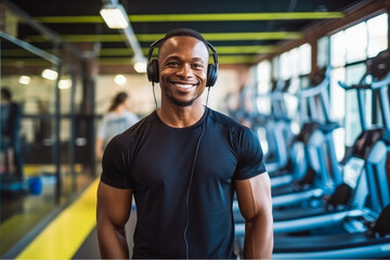 Portrait of african man with headphones in gym. Healthy active lifestyle and sports concept. Generative AI - obrazy, fototapety, plakaty