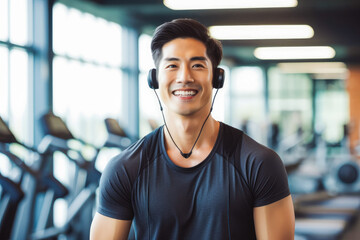 Portrait of asian man with headphones in gym. Healthy active lifestyle and sports concept. Generative AI