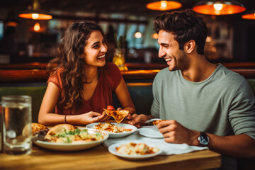 Young couple eating indian food at restaurant. Couple on date night with delicious food. Generative AI