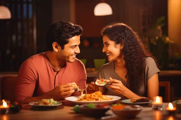 Muurstickers Young couple eating indian food at home. Couple on date night with delicious food. Generative AI © Katrin Kovac