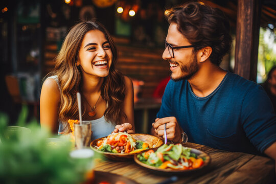 Young Couple Eating Mexican Food At Restaurant. Couple On Date Night With Delicious Food. Generative AI