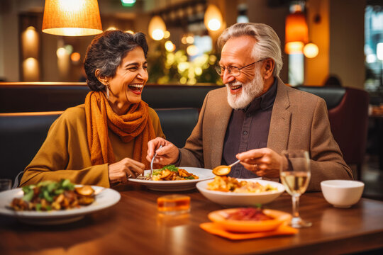 Older Couple Eating Indian Food At Restaurant. Couple On Date Night With Delicious Food. Generative AI