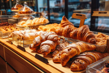 Pastries in bakery. Pastries, croissants, donuts, pain au chocolate, baked goods. Generative AI