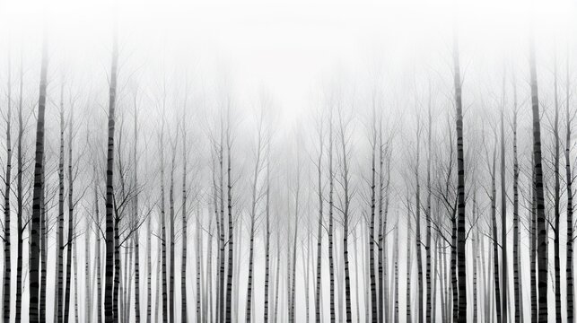  a black and white photo of a forest of trees with no leaves.  generative ai