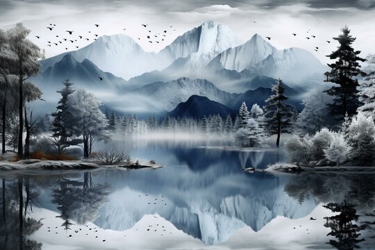 Modern 3D wallpaper of a landscape with blue jungle, gray forest background. Colored Christmas tree reflected in water, mountains, and black birds. Ideal as wall decor. Generative AI