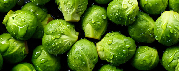 Fresh Brussels sprout vegetables, with water drops over it, closeup macro detail. Generative AI