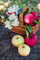 Blurred image of apples and a bouquet in a basket on a stump.