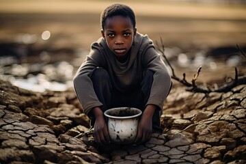 A sad child in Africa close-up with an empty iron mug against the backdrop of a dry river bed. Drought, water shortage problem. - obrazy, fototapety, plakaty