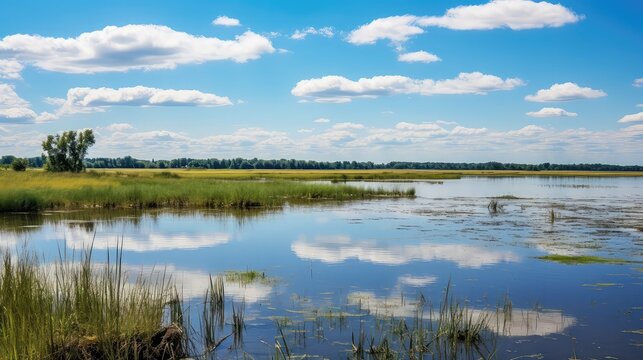 Pond Prairie Pothole Wetlands Illustration Nature Sky, Habitat Landscape, Green Grass Pond Prairie Pothole Wetlands