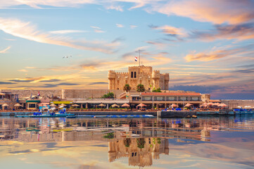 View of the Citadel of Qaitbay and beautiful Mediterranean sea coast in Alexandria, Egypt
