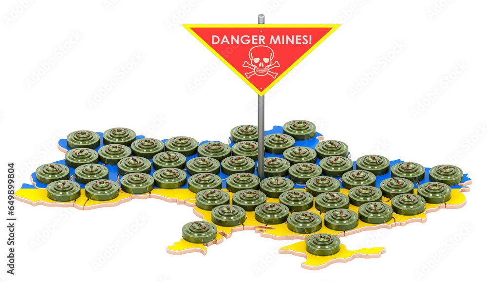 Poster ukrainian map with anti-tank mines and danger mines sign, 3d rendering isolated on transparent backg