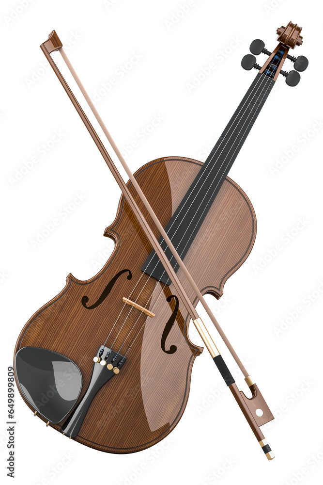 Poster violin with bow. classic wooden violin with 4 adjustable strings and bow, 3d rendering isolated on t